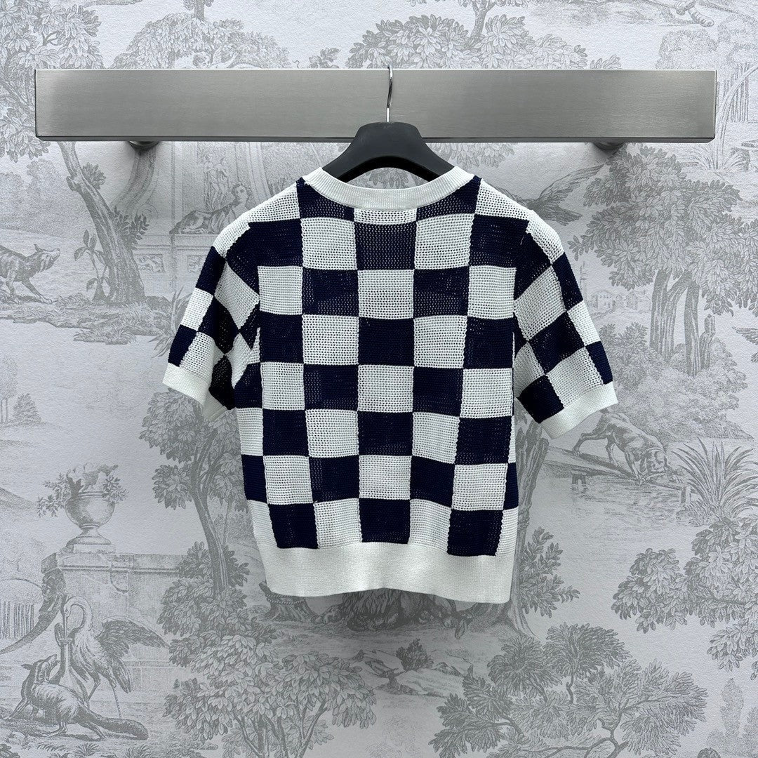 Hohl gestricktes kariertes Oberteil