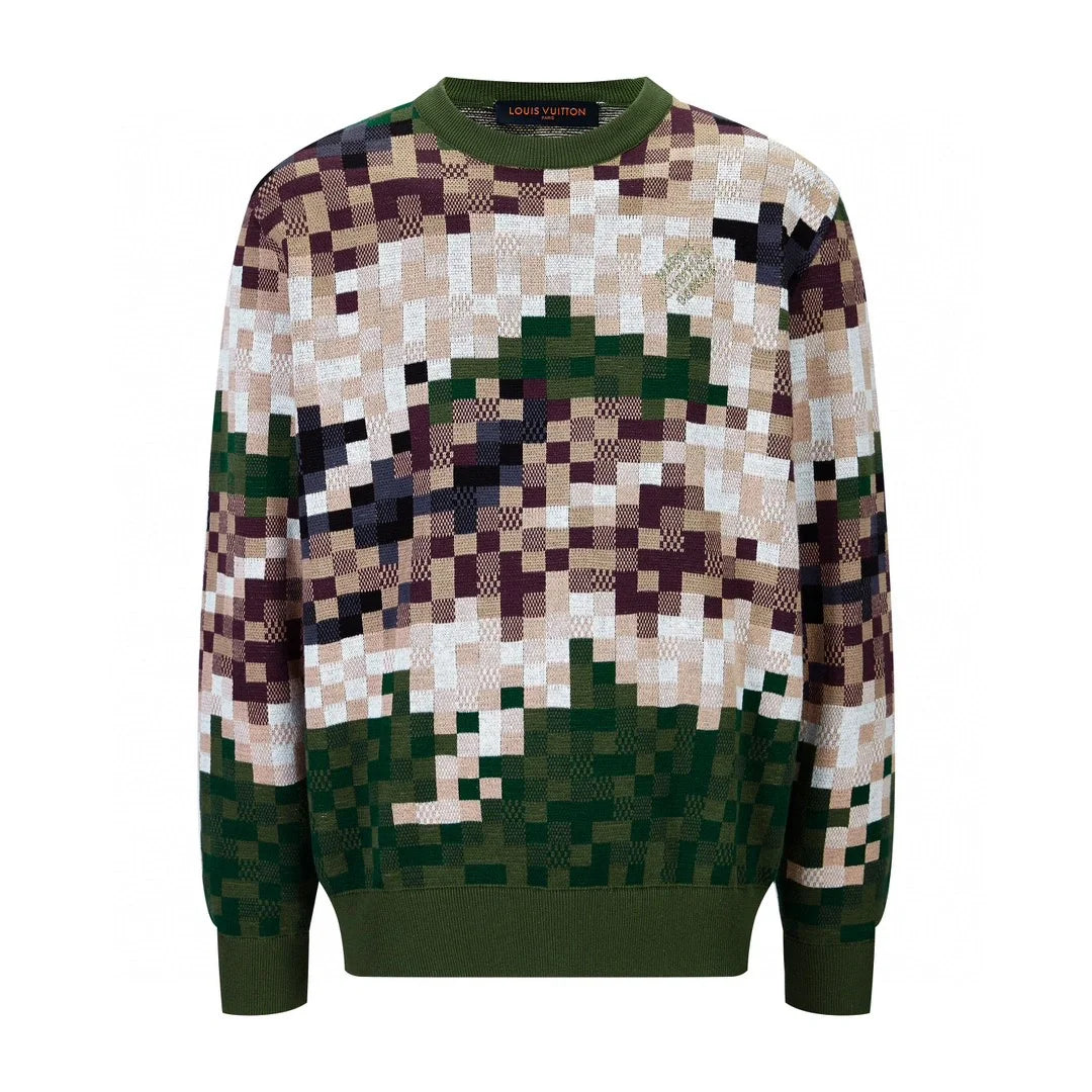 Pull en maille à carreaux vert camouflage