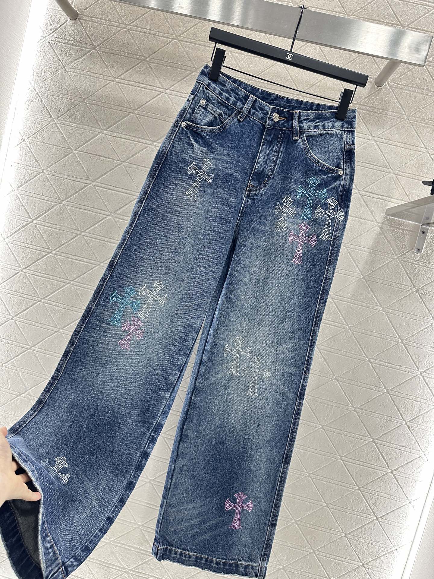 Rhinestone Denim Cross Trousers