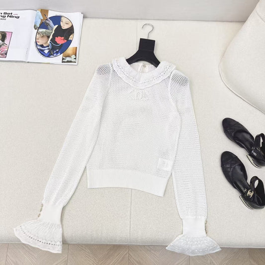 Cardigan en tricot à col en dentelle et volants de début de printemps