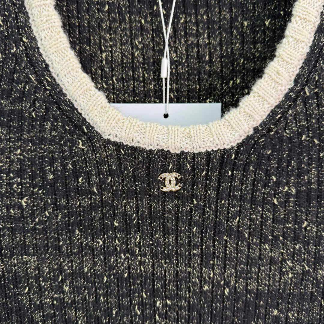 Black & White Tweed-Knit Tank with Metallic Flecks