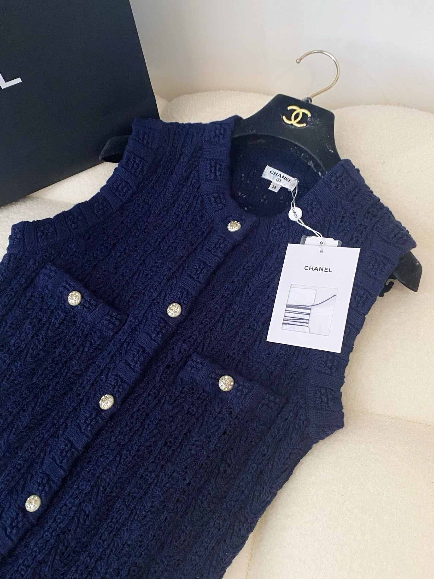 Navy Knit Sleeveless Dress with Crystal-Embellished Buttons