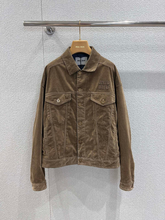 Veste simple boutonnage en denim velours à revers