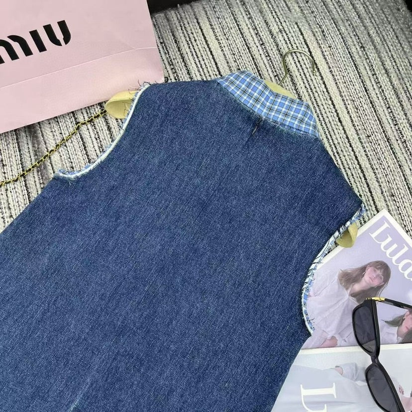 Pocket Letter Patch Embroidery Plaid Stitching Lapel Sleeveless Denim Vest Dress