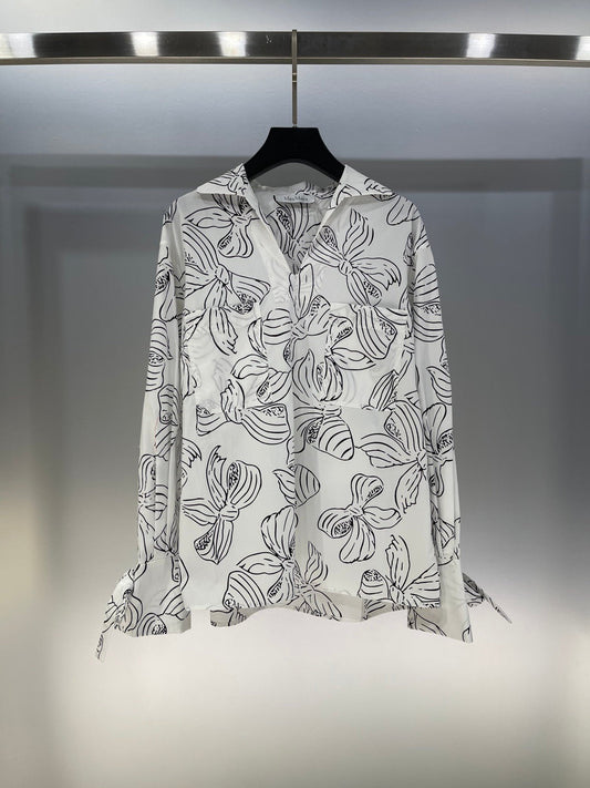 Bow print v-neck long sleeve shirt