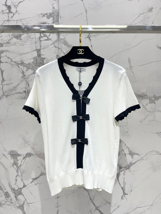 Bow colorblock V-neck knitted cardigan