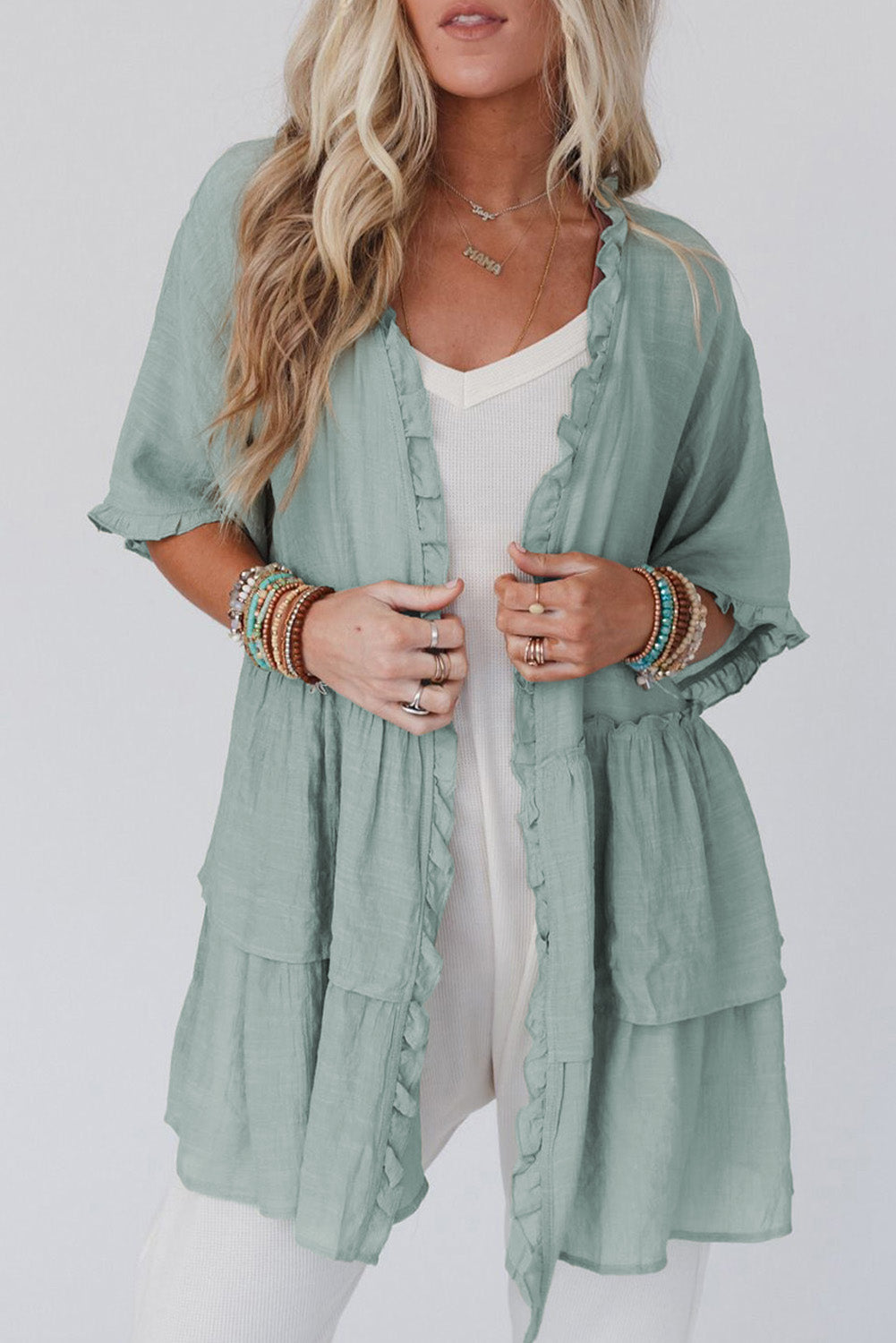 Sea foam green ruffled kimono