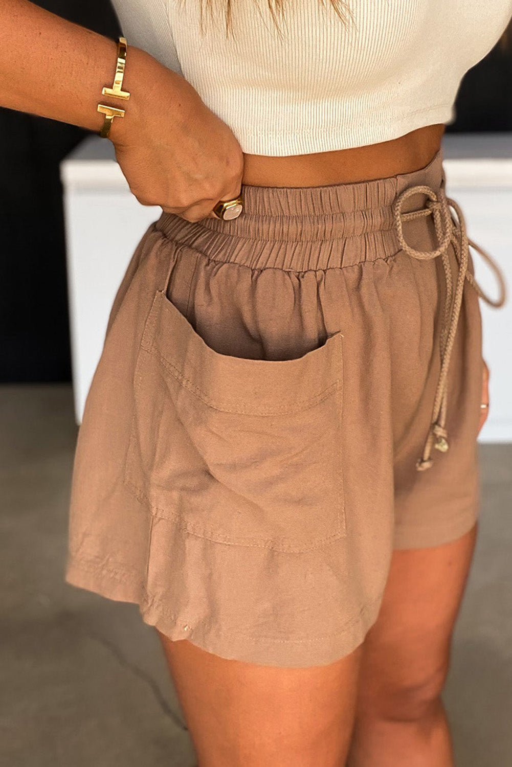 Khaki casual shorts with pockets and drawstring, boho shorts