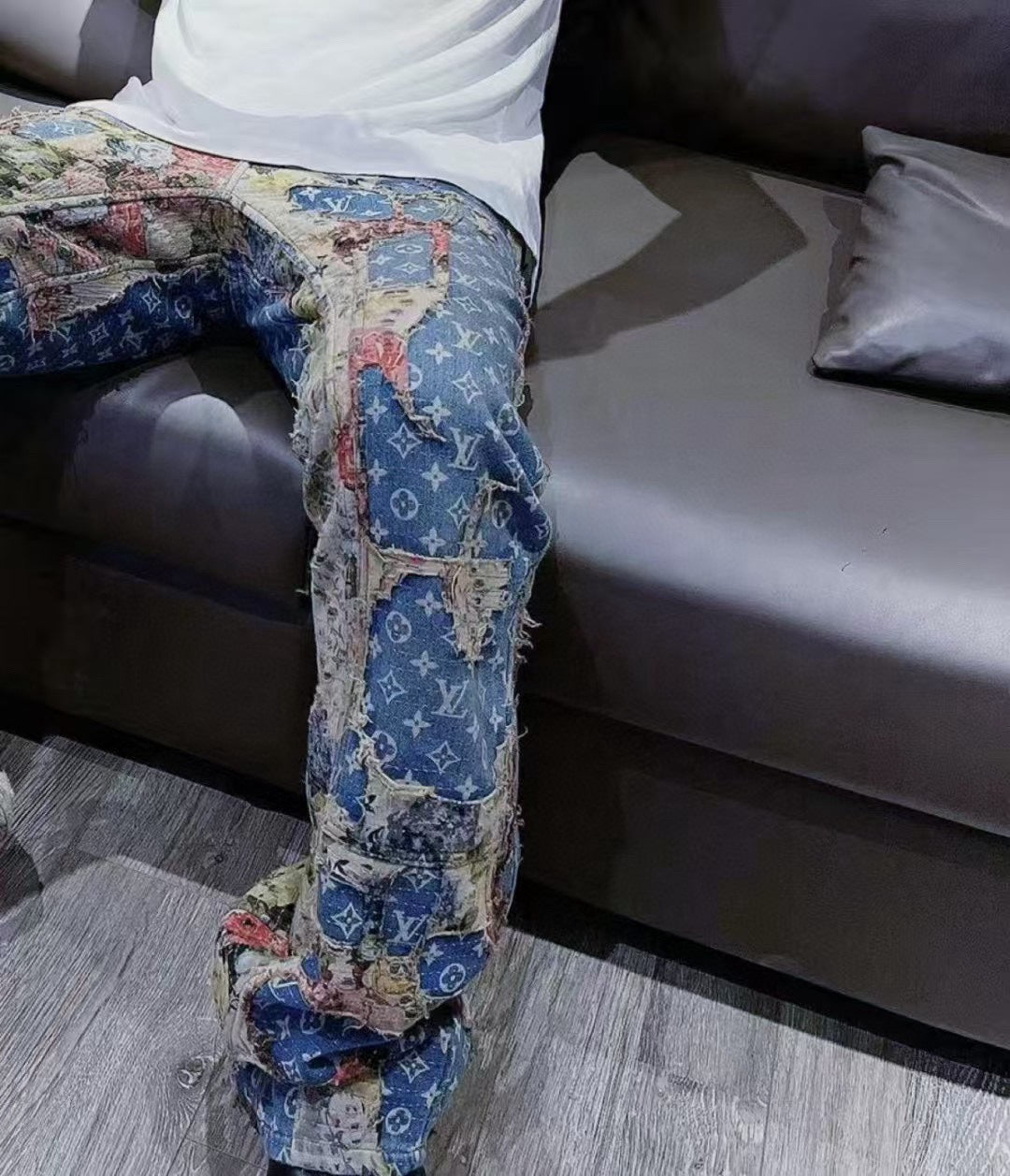 Jean vintage patchwork à fleurs roses