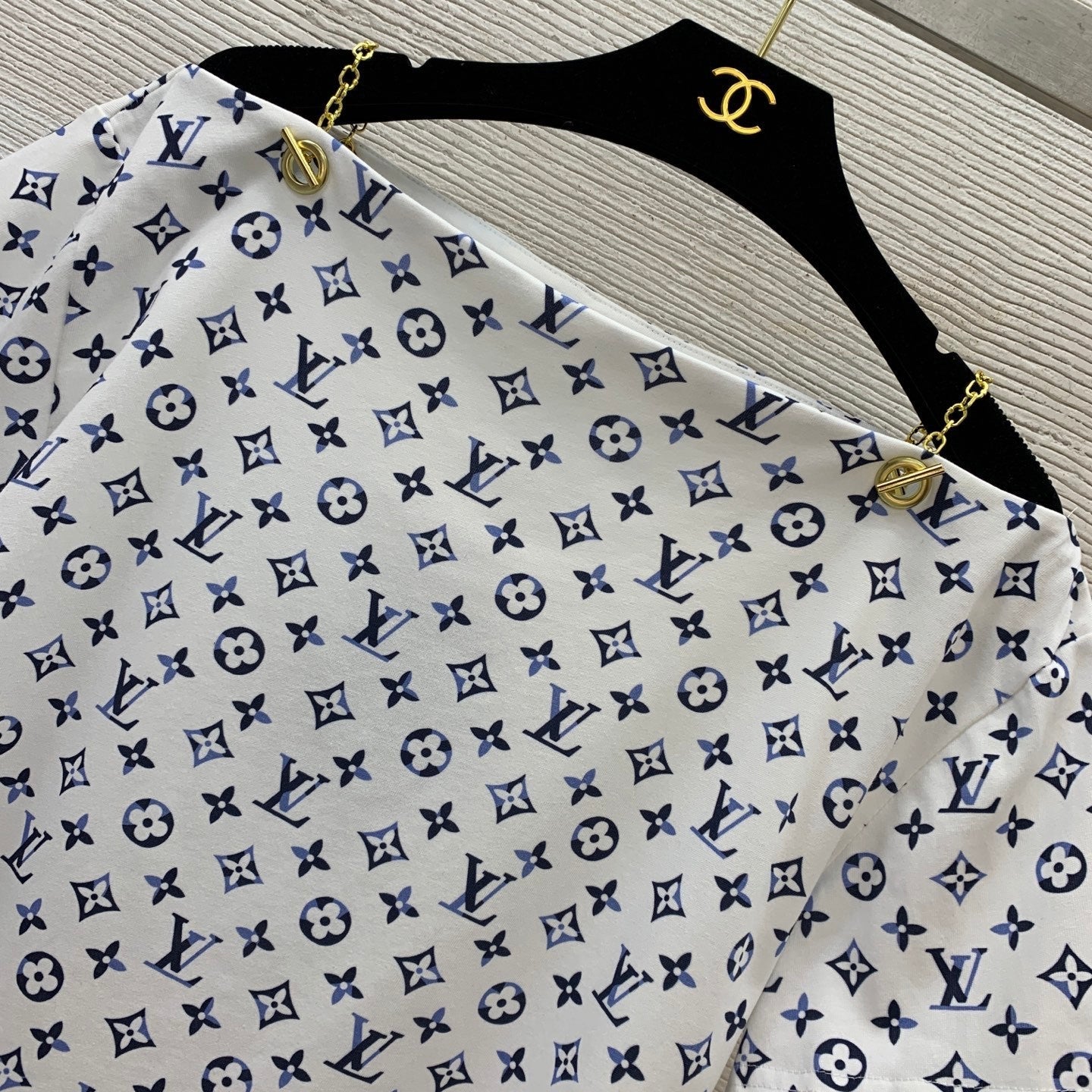 Monogram Off-Shoulder Top with Chain Hardware