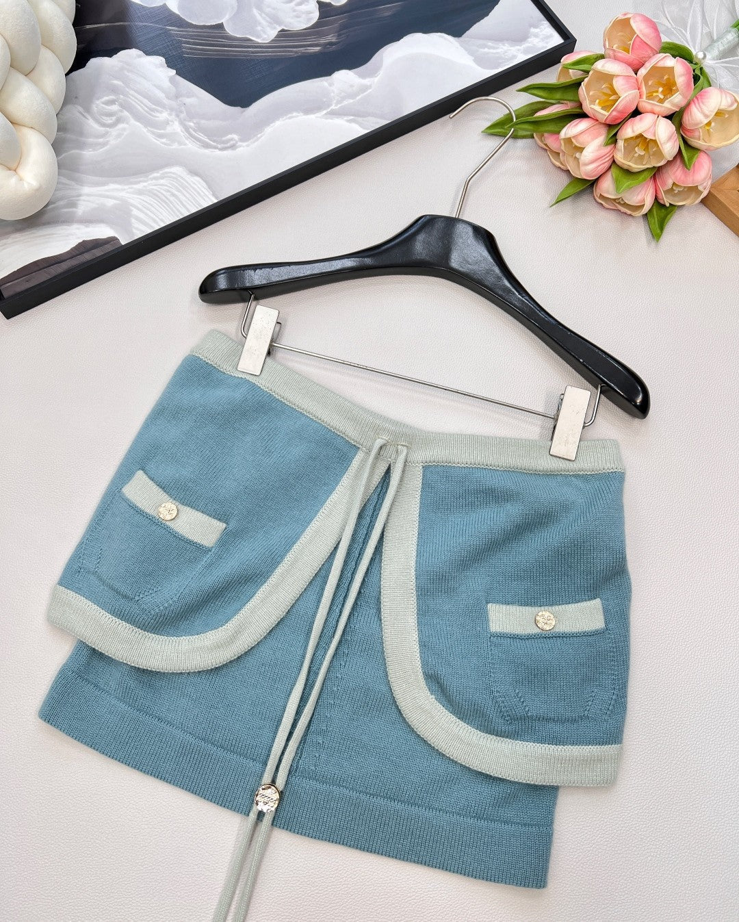 Dual-Textile Bottoms: Printed Denim Shorts + Knit Mini Skirt