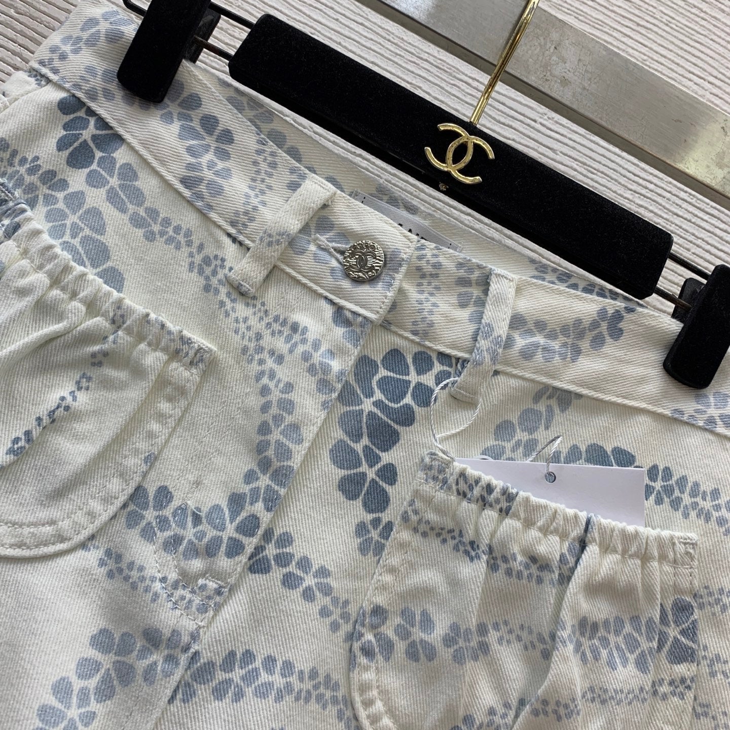 Dual-Textile Bottoms: Printed Denim Shorts + Knit Mini Skirt