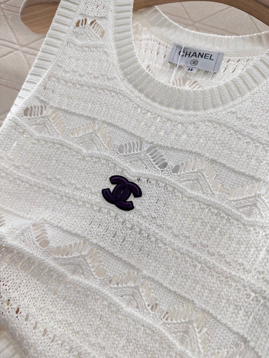 Lace-Knit Sleeveless Vest with Geometric Motifs