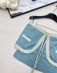 Dual-Textile Bottoms: Printed Denim Shorts + Knit Mini Skirt