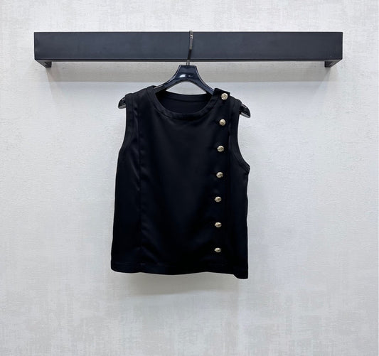 Sleeveless Satin Top with Ornate Gold Buttons
