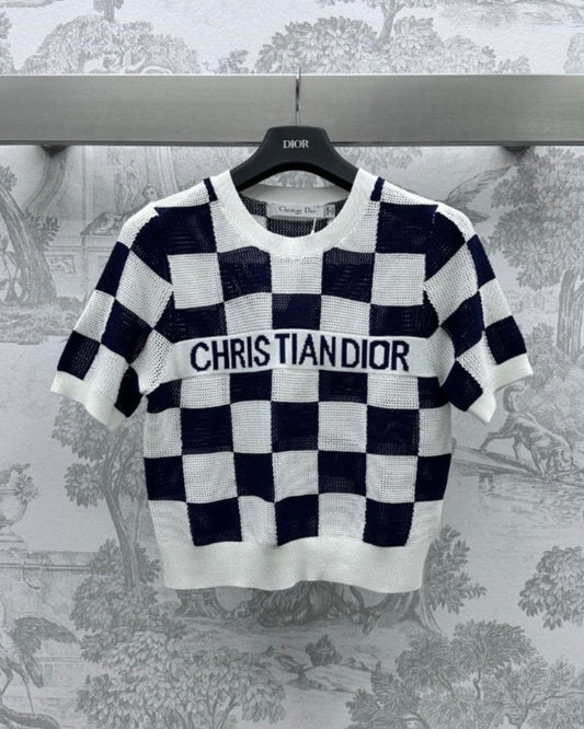 Hohl gestricktes kariertes Oberteil