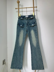 Raw-edge denim flared pants