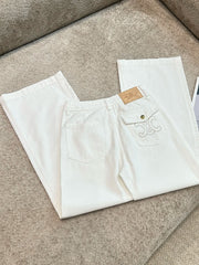 Winter heavy button decoration embroidery high waist wide leg jeans