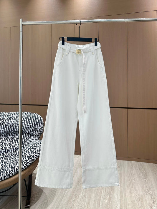 Heavy embroidery high waist loose slim wide leg pants