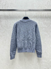 Dark jacquard knitted V-neck cardigan jacket