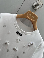 Micro-logo beaded sequined flower round neck short-sleeved T-shirt