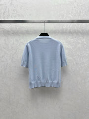 Simple contrast color knitted round neck short-sleeved top