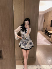 Zoo Print Satin-Paneled Chiffon Shirt and Skirt Set
