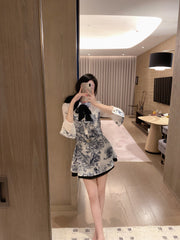 Zoo Print Satin-Paneled Chiffon Shirt and Skirt Set
