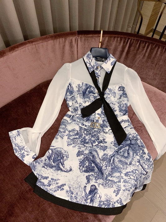 Zoo Print Satin-Paneled Chiffon Shirt and Skirt Set