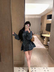 Ruffle-hem Tencel denim shirt and youthful skirt set~~High-quality
