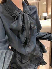 Ruffle-hem Tencel denim shirt and youthful skirt set~~High-quality