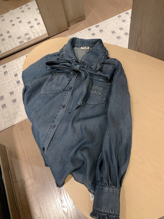 Ruffle-hem Tencel denim shirt and youthful skirt set~~High-quality