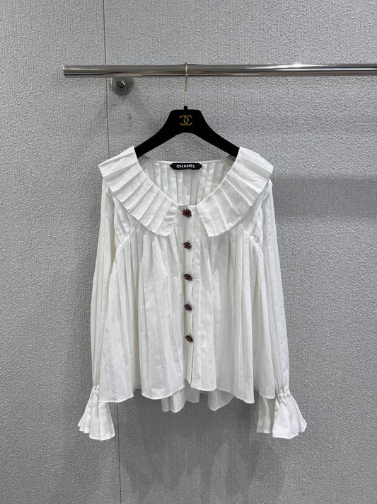 Single-breasted pleated long-sleeved shirt with a baby doll collar