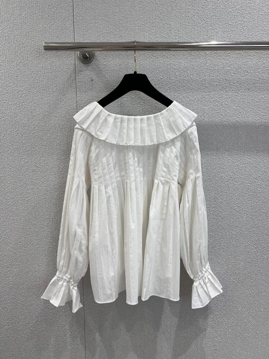Single-breasted pleated long-sleeved shirt with a baby doll collar