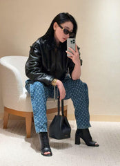 Laser Printed Denim Elastic Waist Jeans