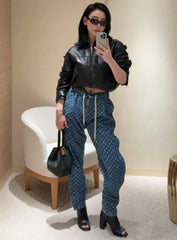Laser Printed Denim Elastic Waist Jeans