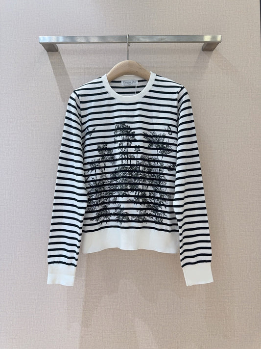 Round neck striped coconut palm print sweatshirt