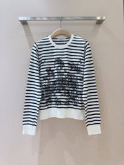Round neck striped coconut palm print sweatshirt