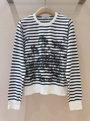 Round neck striped coconut palm print sweatshirt