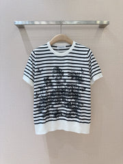 Round neck striped print latest hot coconut tree 🌴 print pullover t-shirt