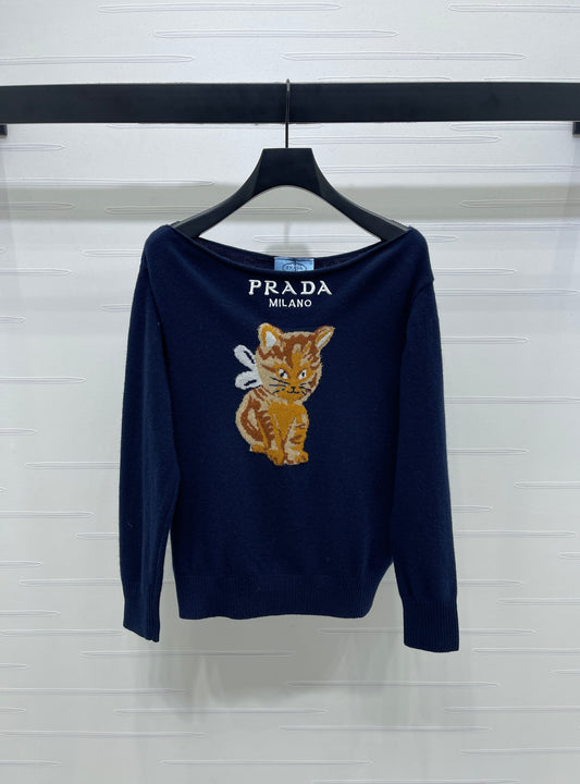 Cat pattern off-the-shoulder long-sleeved top