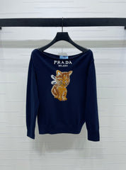 Cat pattern off-the-shoulder long-sleeved top