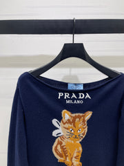 Cat pattern off-the-shoulder long-sleeved top
