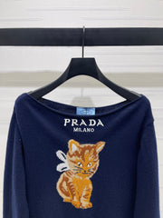 Cat pattern off-the-shoulder long-sleeved top