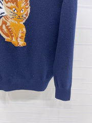 Cat pattern off-the-shoulder long-sleeved top