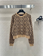 crew neck jacquard knit cardigan