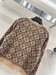 crew neck jacquard knit cardigan