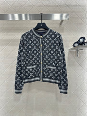 Crew-neck jacquard knit cardigan