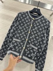 Crew-neck jacquard knit cardigan