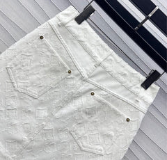 White Denim Co-ord Set with Embossed Motifs & Hardware Accents